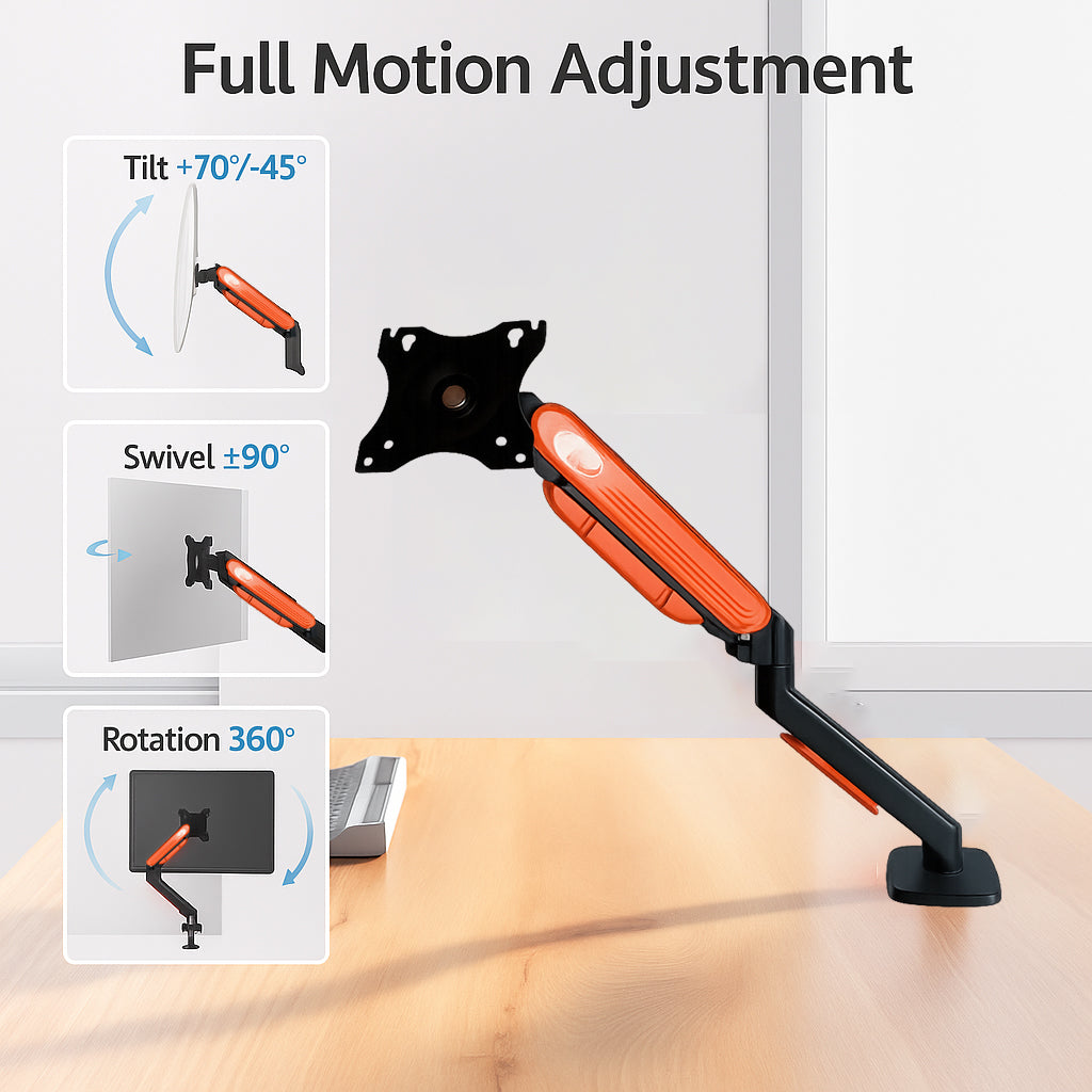 ArcadeX Single Monitor Mount, 13 to 32 Inch Gas Monitor Arm, Adjustable Stand, Vesa Mount with Clamp and Grommet Base - Fits 4.4 to 22lbs LED Computer Monitors (Black with Orange)