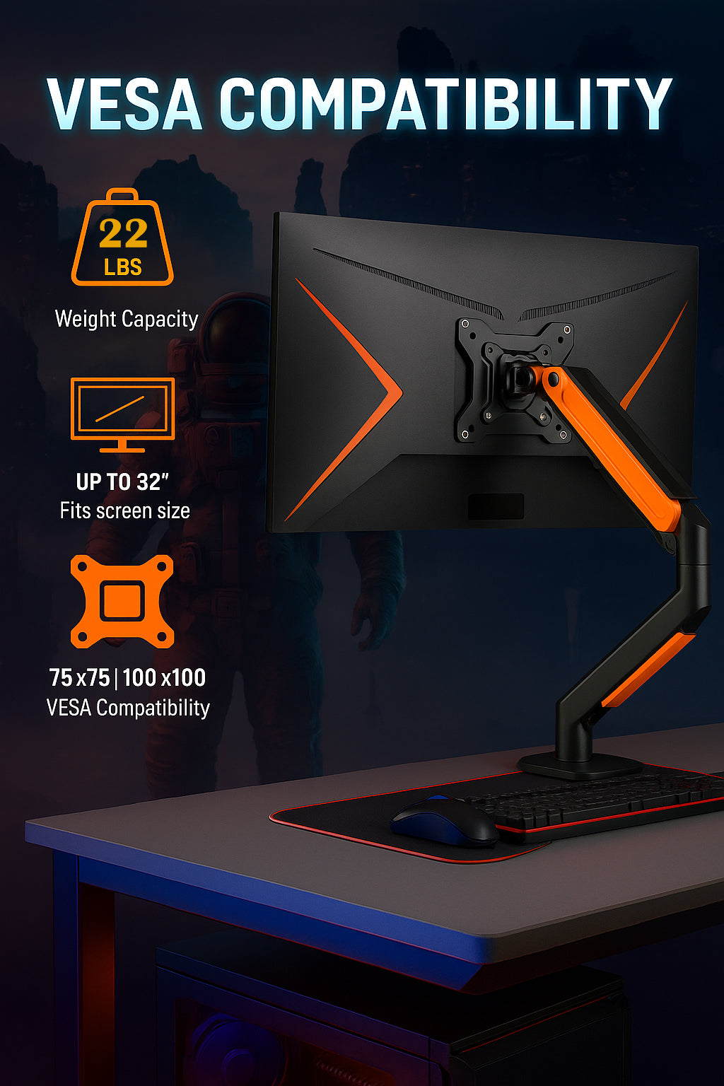 ArcadeX Single Monitor Mount, 13 to 32 Inch Gas Monitor Arm, Adjustable Stand, Vesa Mount with Clamp and Grommet Base - Fits 4.4 to 22lbs LED Computer Monitors (Black with Orange)