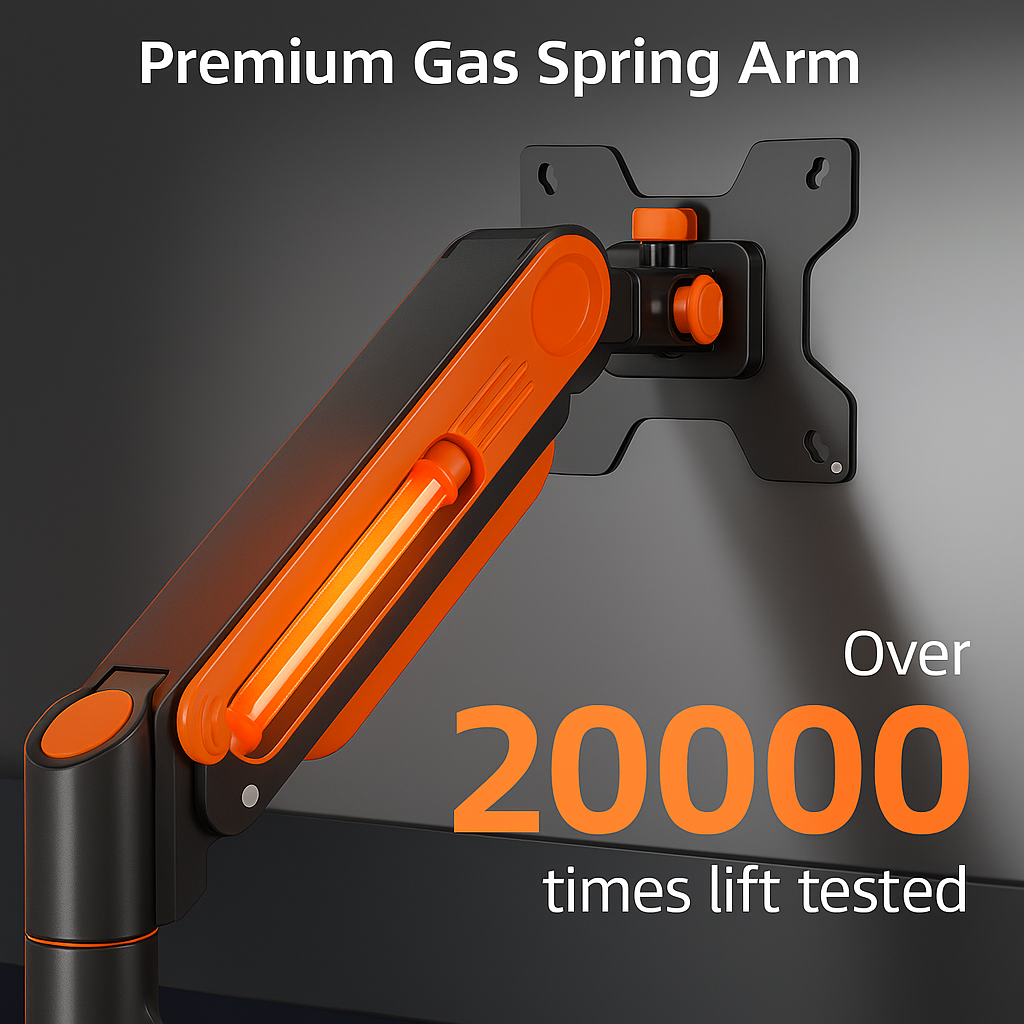 ArcadeX Single Monitor Mount, 13 to 32 Inch Gas Monitor Arm, Adjustable Stand, Vesa Mount with Clamp and Grommet Base - Fits 4.4 to 22lbs LED Computer Monitors (Black with Orange)