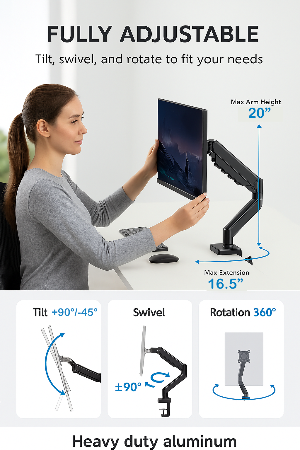 ArcadeX Single Monitor Mount, 13 to 32 Inch Gas Monitor Arm, Adjustable Stand, Vesa Mount with Clamp and Grommet Base - Fits 4.4 to 22lbs LED Computer Monitors