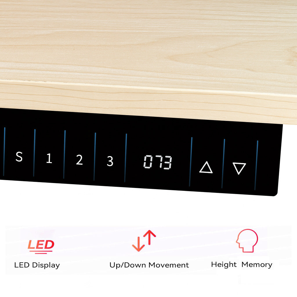 Control panel with LED display, up/down movement, and height memory functions on a wooden background.