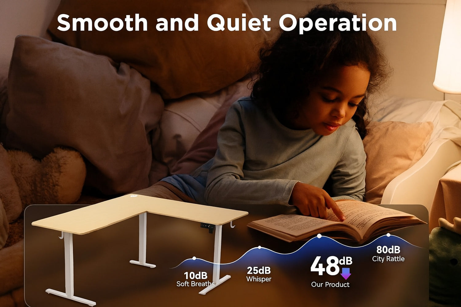 Child reading a book on a adjustable desk with noise level indicators.